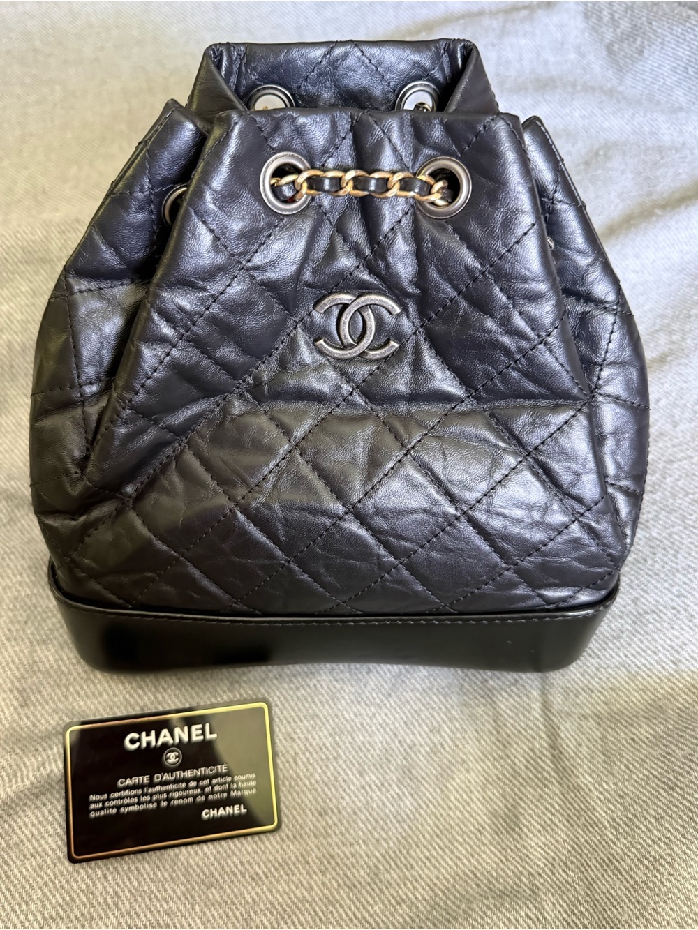 CHANEL Black Quilted Leather Gabrielle Drawstring Small Backpack